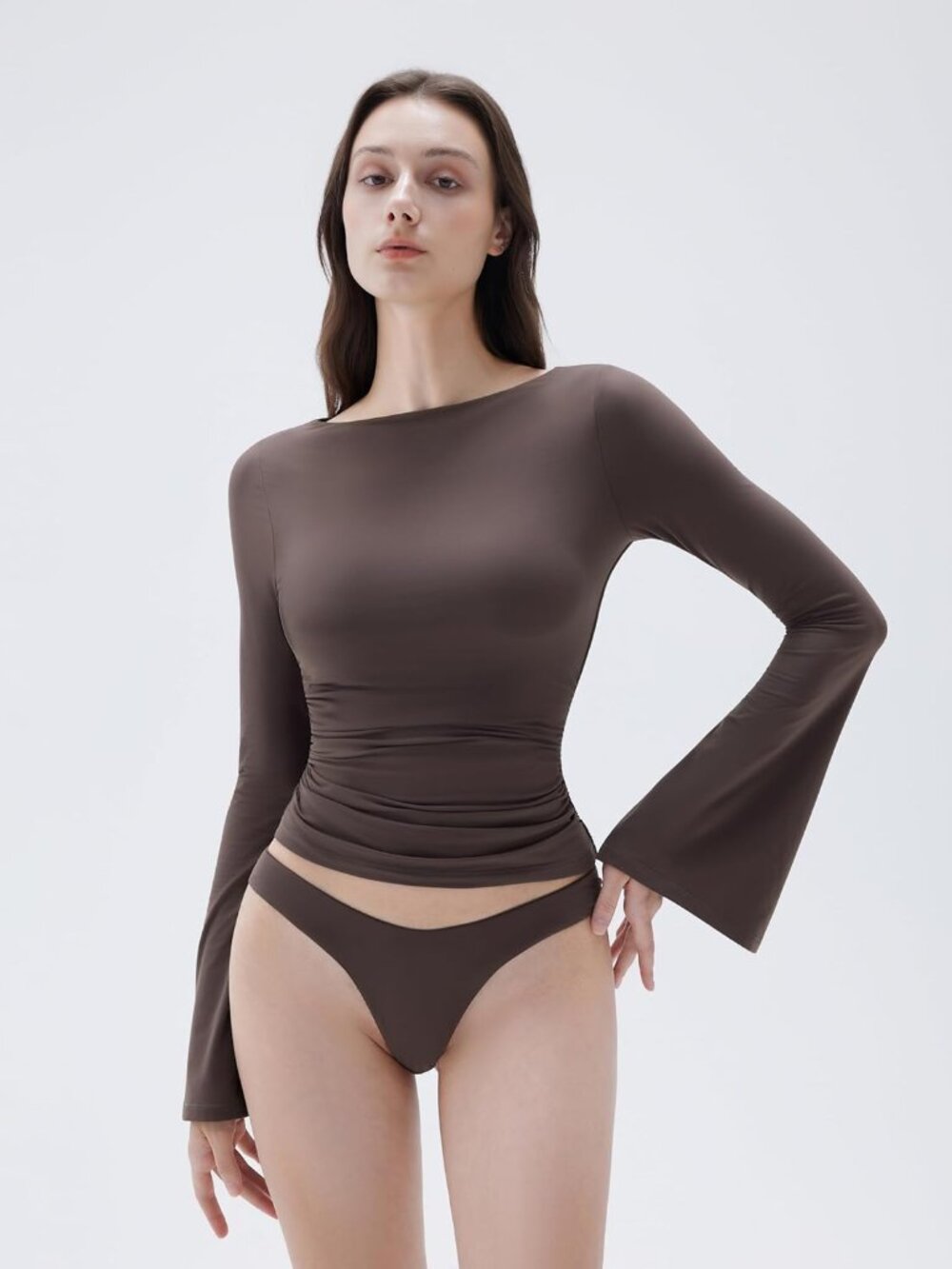 Women's Brown Long Sleeve Crew Neck Double Lined Casual Tops Basic T Shirts - Picture 2 of 6